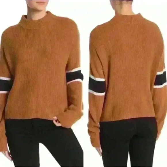John + Jenn Varsity Sleeve Stripe Mock Neck Pullover Sweater XS - Picture 2 of 7